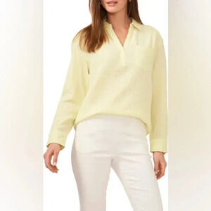 CeCe split neck collared long sleeve light Neon green blouse M